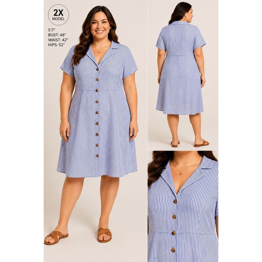 Naif Dress Womens 2X Blue White Striped Button Front Collared Rayon Midi Plus Sz